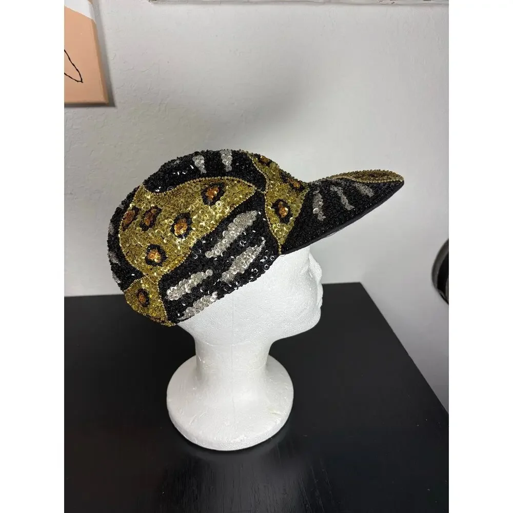 Vintage All Sequin 90s maximalist Animal Print Design Baseball Hat Zebra Cheetah - Picture 5 of 6